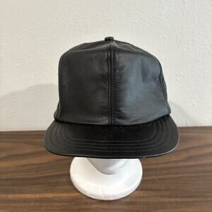 Vintage Genuine Leather Hat Cap Strapback Trucker Black Blank USA Made 90s